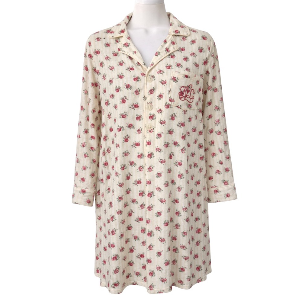 Lauren Ralph Lauren Floral Nightgown Womens Small Cream Red Cotton Sleepwear